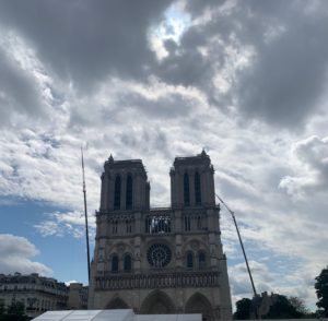 This photo shows the Notre Damn, and it is being rebuilt after the fire happened in 2019. 