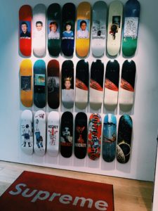This photo shows skateboards in the Supreme store in Paris. 