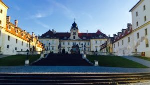 This photo shows an old castle that we stayed in while in Vienna. It has beautiful green landscaping in the front. 