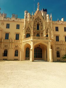 This photo shows the castle we biked 23 miles to in Vienna. It had beautiful detailing along the entrance and was a dark yellow color. 
