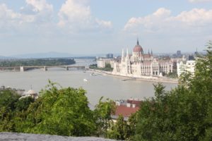 In the photo it shows the Danube River right off of an magnificent castle in Budapest.