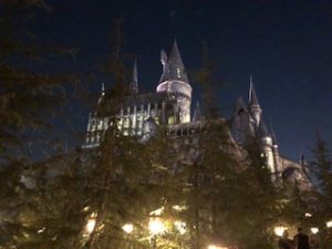 Hogwarts lit up at night at Universal Studios
